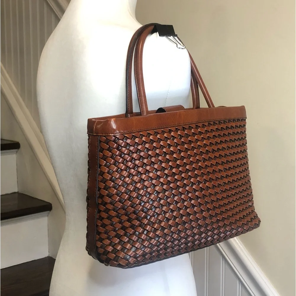 RELIC Vintage Brown Woven Leather Tote Bag w Woven Gold Shoulder Strap MINT RARE